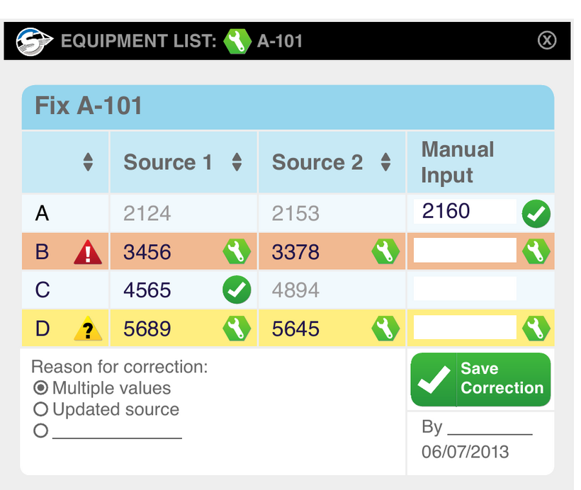 Corrections popup showing a value from Source 1, Source 2 and a manual-input column with conflict flags, a reason selector and a save action